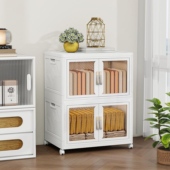 Large Stackable Storage Bins with Lids, 220QT-110QT*2Tier Foldable Cabinet for Closet Organizers, Plastic Storage Containers Box with Wheels