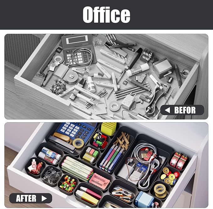 Plastic Drawer Organizers, 28 PCS Drawer Organizer Bins, Bathroom and Vanity Organizer Plastic Tray, Makeup organizer and storage for Makeup, Bedroom, Kitchen Gadgets Utensils and Office