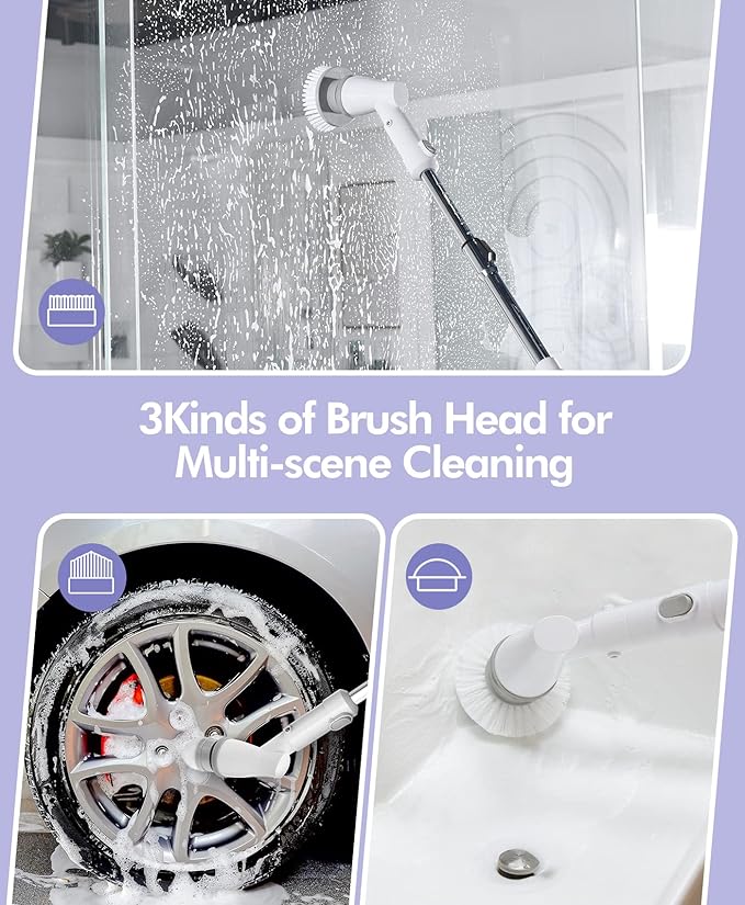 Electric Spin Scrubber, Power Shower Scrubber for Cleaning with 60mins Long Worktime, 44in Adjustable 3 Replaceable Brush Heads, Tile, Floor, Bathtub