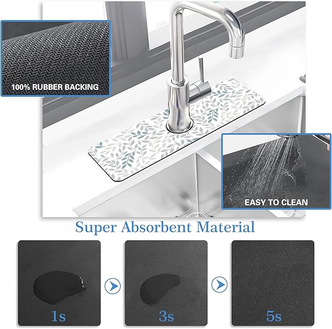 Grey Blue Leave Branche Faucet Mat for Kitchen Sink Botanical Flower, Soft Diatom Mud Material, Strong Water Absorption, Non-slip, Easy to Clean for Bathroom, Kitchen 15"X5.5"