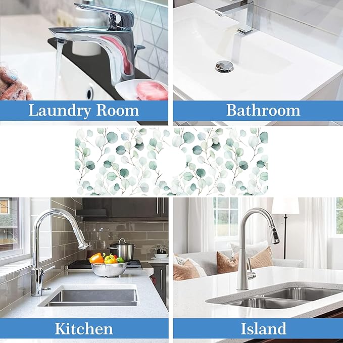 Faucet Mat for Kitchen Sink Watercolor Green Leave Branche, Soft Diatom Mud Material, Strong Water Absorption, Non-slip, Easy to Clean for Bathroom, Kitchen 15"X5.5"