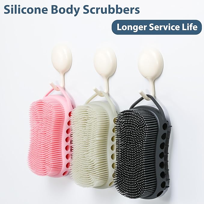 MtBoi 2PC Double-Sided Exfoliating Silicone Body Scrubber, 2-in-1 Bath Scrubber, Shampoo Brush, Silicone Loofah for All Skin Types, Shower Body Scrubber, Easy to Clean, Lather Well (Black&Pink)