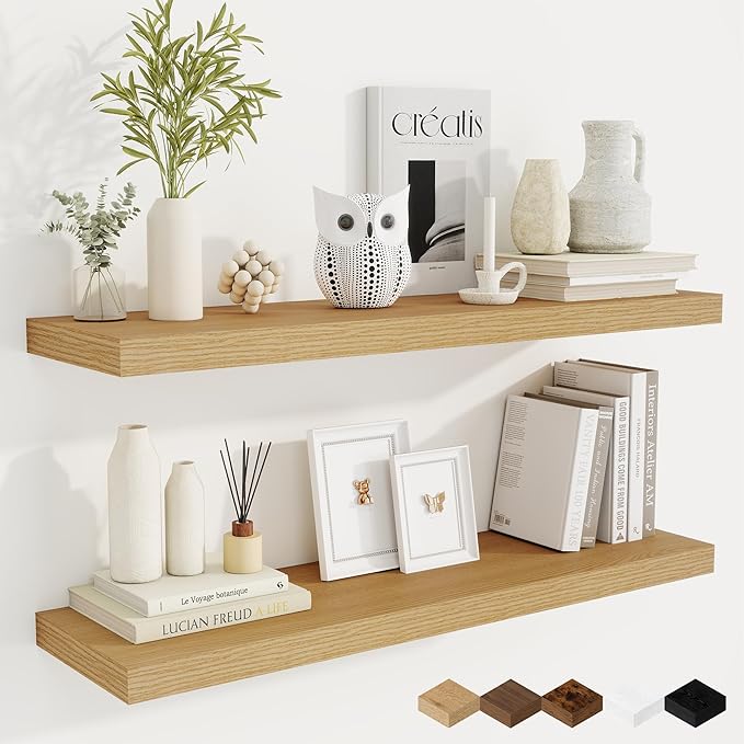 Fun Memories 36 Inch Deep Floating Shelves for Wall, 2 Pack of Wall Mounted Wood Shelves with Invisible Brackets for Bathroom, Bedroom, Living Room, Kitchen Decor and Storage, Oak