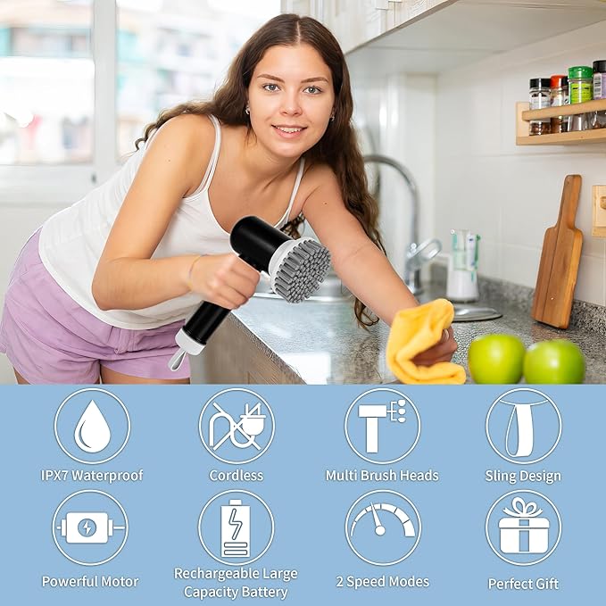Electric Spin Scrubber, Cordless Shower Scrubber with 3 Replaceable Brushes, Waterproof Power Scrubber for Cleaning Bathroom, Kitchen, Floor, Rechargeable Electric Scrubber for Cleaning, Deep Black