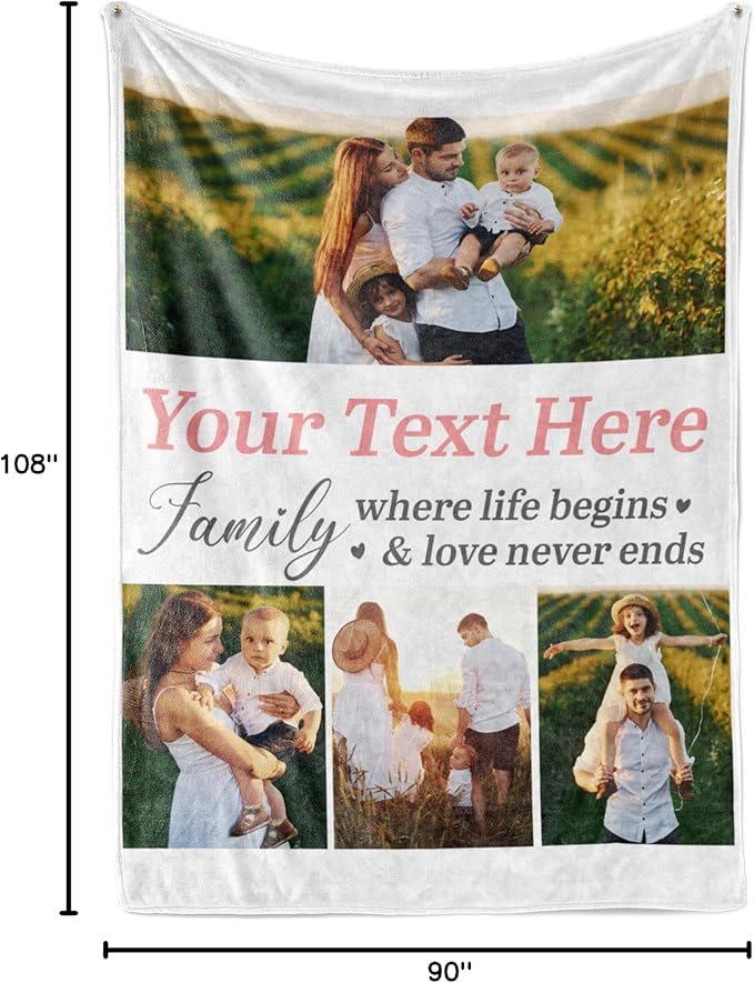 Ships Next Day, Custom Blanket with Picture and Text - Printed in USA, Personalized Photo Blanket with Text (Fleece 96x120)