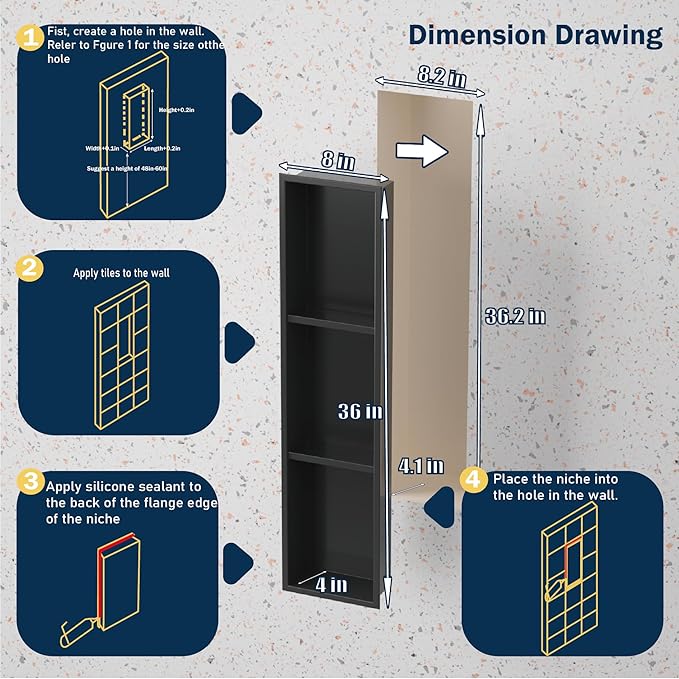 Tall Niche Three-Tiered Shelves Embedded in The Wall，Shower Niche No Tile Needed for Bathroom Niche Decor ，Stainless Steel（Black 8"x 36"）