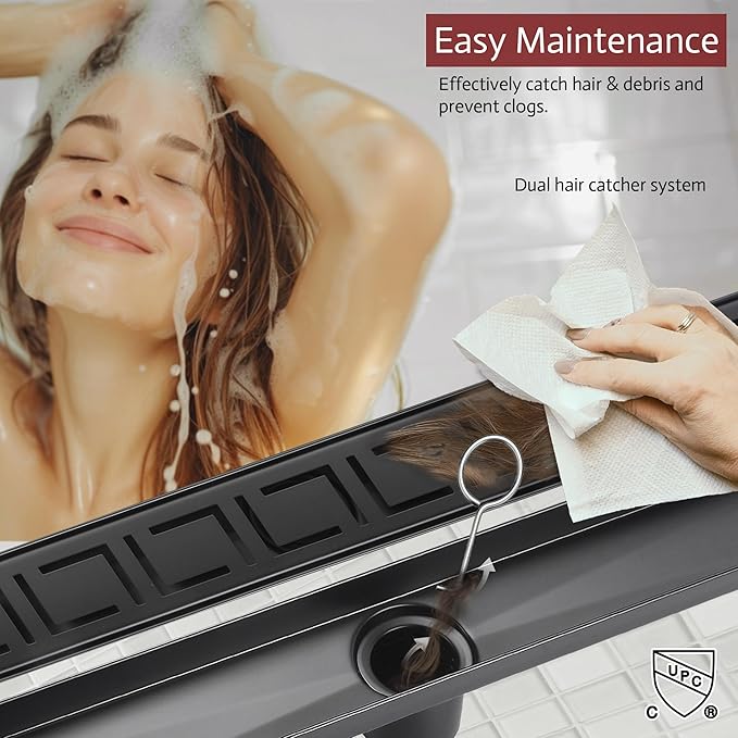 24 Inch Linear Shower Drain, Matte Black Shower Drain, Removable Grate, 304 Stainless Steel, Easy to Install and Clean for Bathrooms (Drain Base Not Included), LSD-30A-24B