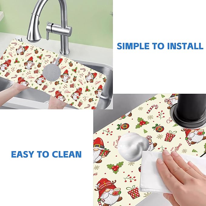Christmas Santa Claus Kitchen Sink Splash Guard Mat Absorbent Fast Drying Mat Faucet Draining Mat Sink Splash Guard Behind Faucet Drip Catcher for Kitchen Bathroom 5.5"×15"