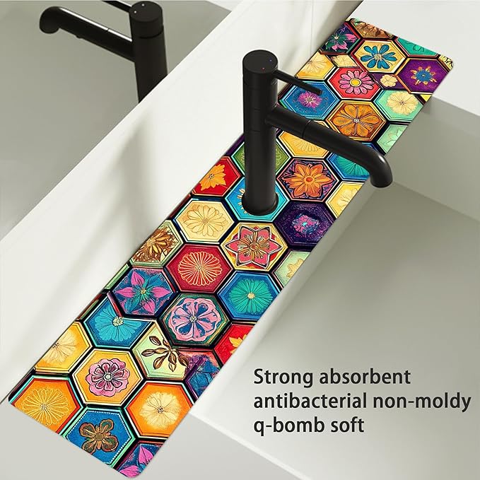 Bimkole 2 PCS Faucet Absorbent Mat, Kitchen Faucet Sink Splash Guard Wraparound Cloth Pads Drip Catcher for Sink Faucet for Kitchen Bathroom Faucet, Colorful Faucet Mat, 15 x 4 Inch Flower A7
