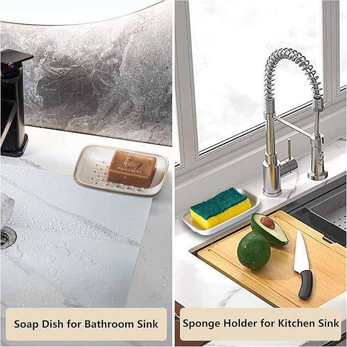 Premium Ceramic Soap Dish Holder - Large 5.5 Inch Soap Saver Tray with Non-Slip Base, Multi-Use for Bar Soap, Sponge & Jewelry - Elegant Gift for Bathroom, Kitchen, Shower Countertop - Creamy White