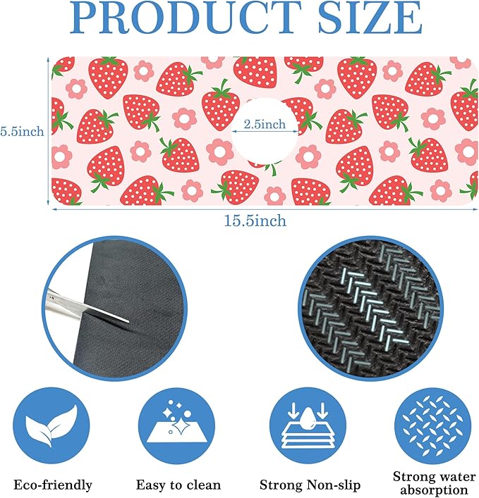 Faucet Mat for Kitchen Sink Beautiful Strawberry Flower, Soft Diatom Mud Material, Strong Water Absorption, Non-slip, Easy to Clean for Bathroom, Kitchen 15"X5.5"