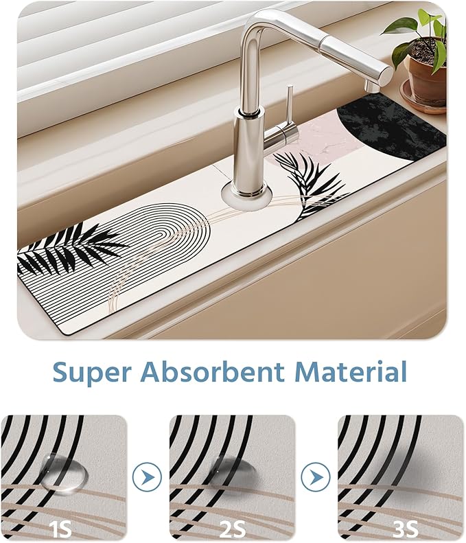 Patterned Sink Faucet Mat Kitchen Splash Guard Super Absorbent Drying Mat, Non-Slip Drain Pad for Kitchen Counter or Bathroom-24x5.5in