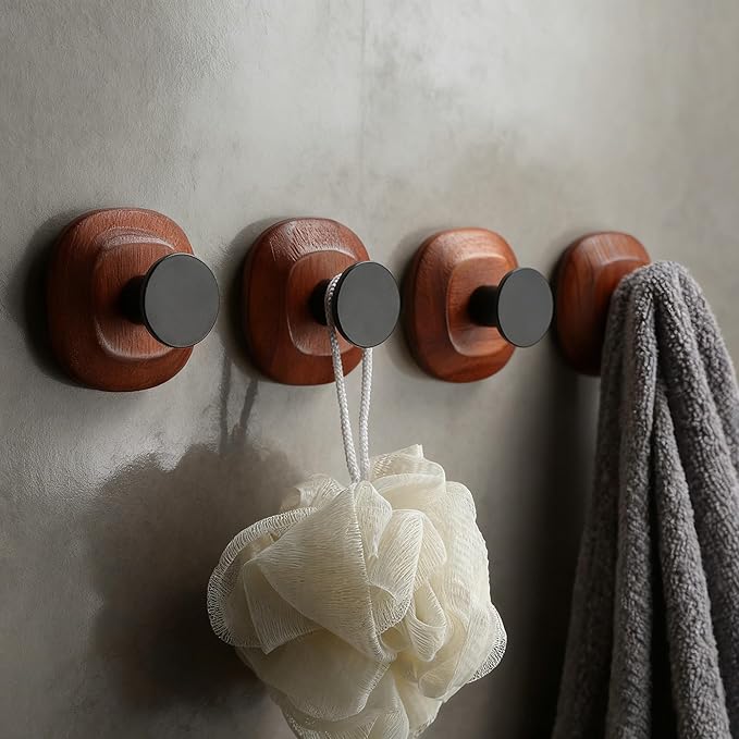 YIGII Wooden Suction Cup Hooks - Bathroom Towel Hooks Without Drilling, Reusable Suction Hooks for Hanging Coats, Bathrobes, and Bath Sponges, 4 Pack