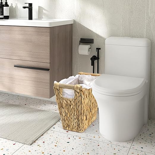 Woven Waste Basket, Water Hyacinth Trash Can with Wooden Handles, Boho Handwoven Storage Container, Rustic Bathroom Garbage Bin, Decorative Magazine Holder for Home, Bedroom, Laundry, Office