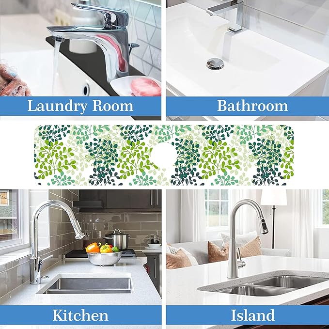 Green Leafy Faucet Mat for Kitchen Sink Verdant Vein, Soft Diatom Mud Material, Strong Water Absorption, Non-slip, Easy to Clean for Bathroom, Kitchen 23.5"X5.5"