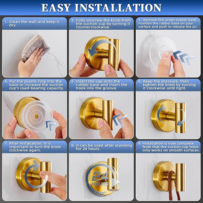 Heavy Duty Reusable Suction Cup Hooks for Shower - No Drill Bathroom/Glass/Mirror/Tiles & Metal Surfaces,and Smooth Non-Porous Surfaces for Towels, Robes, Loofahs (4, Brushed Gold)
