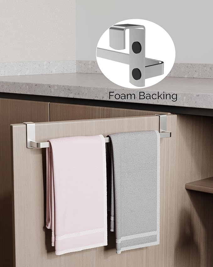 Over Cabinet Towel Rack, 2 Pack 14 Inch Over The Door Towel Bar Towel Hanger for Kitchen, Stainless Steel Over Cabinet Cupboard Kitchen Towel Holder, Foam Protective Mats (Silver)