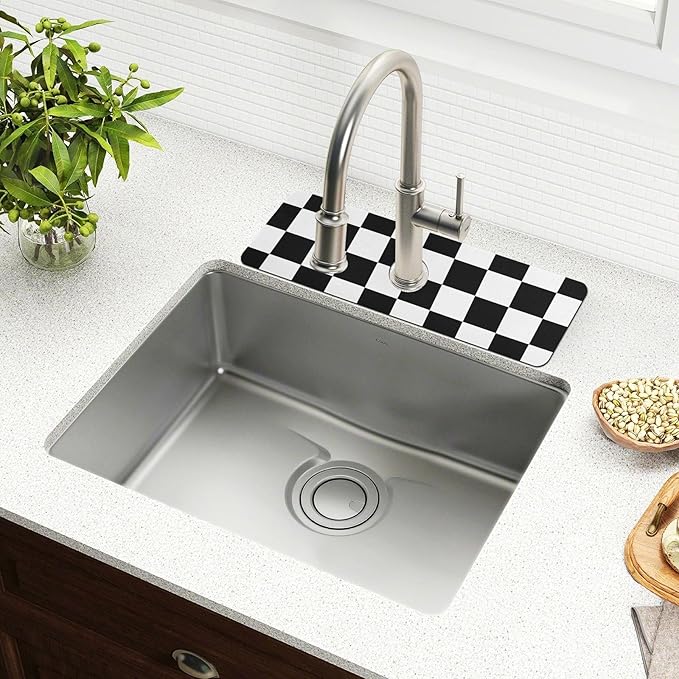 Kitchen Sink Splash Guard 1 PC 30 Inch Sink Faucet Mat Splash Guard for Bathroom Countertop Water Absorbent Foldable Cuttable Soft Washable Checkered Black and White