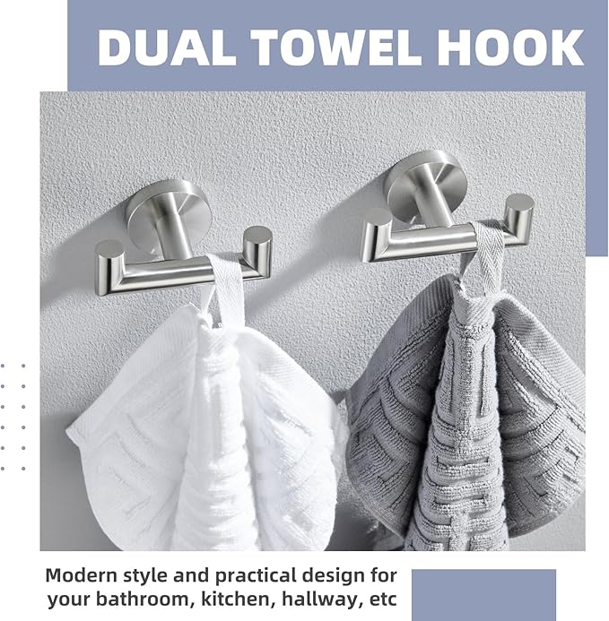 APLusee Brushed Nickel Double Towel Hook 2 Pack, 304 Stainless Steel Clothes Hook, Wall Mounted