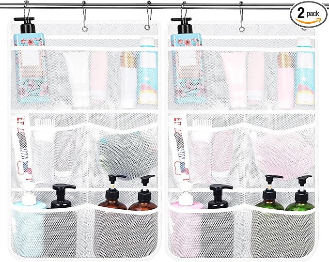 2 Pack Mesh Shower Hanging Caddy, 7 Pockets Hanging Shower Organizer with Metal Loop, Portable Bathroom Bag for Shampoo, Body Wash, Soap, and Cruise Ship Essentials