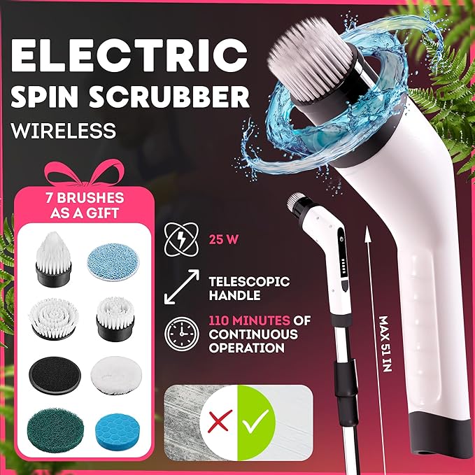 7-in-1 Electric Bathroom Scrubbing Brush, 2500 mAh. Telescopic Bathtub Scrubber with Long Handle. Powerful Electric Bathtub Scrubber. Portable Power Brush for Cleaning Bathroom, Kitchen, Car
