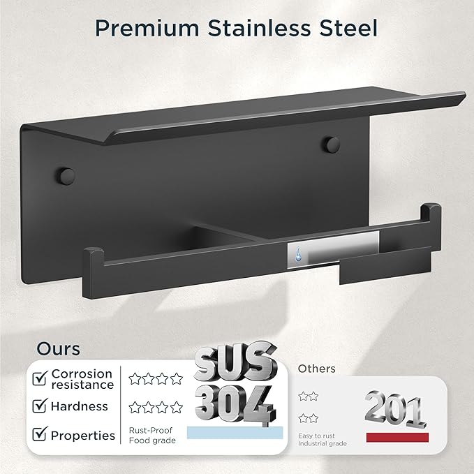 FORIOUS Black Toilet Paper Holder with Shelf, 304 Stainless Steel Wall Mount Commercial Toilet Paper Dispenser, Double Tissue Roll Holder for Bathroom, Matte Black