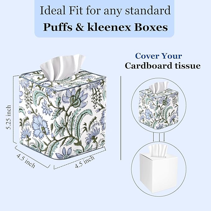 Ridhi Columbia Blue Block Print Tissue Box Cover – Handmade Cotton Fabric Tissue Holder for Home Bedroom Living Room Bathroom Vanity Car Nightstand Office Kitchen – Decorative Square Napkin Holder