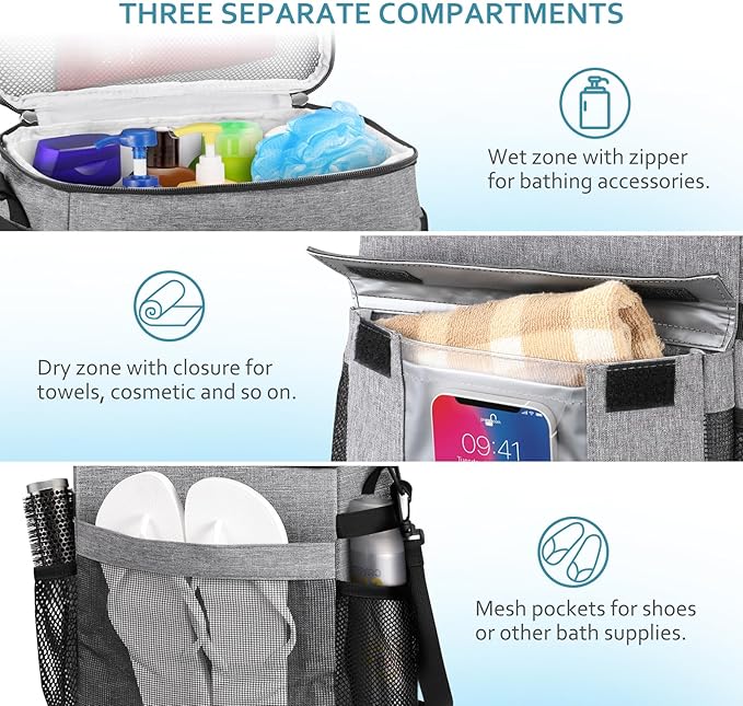 Portable Shower Caddy Tote Bag, Large Quick Dry Mesh Hanging Shower Organizer Toiletry Bag with Wet & Dry Shoes Compartment for College Dorm Gym Swimming Camping Travel, Gray