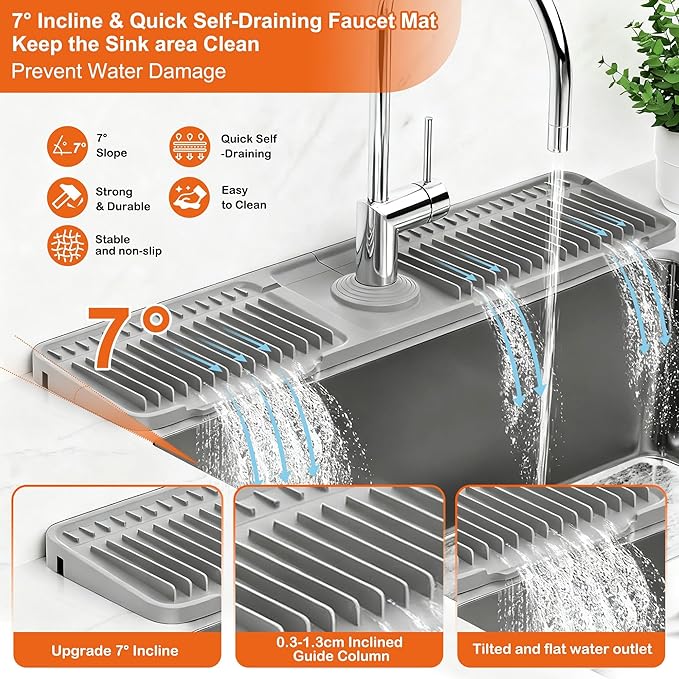 Silicone Faucet Mat for Kitchen Sink Splash Guard (24" x 5.5") - 7° Incline, Quick Self-Draining & Snap-Lock Kitchen/Bathroom Sink Protector Quick Dry Around Faucet Draining Mat Christmas Gifts