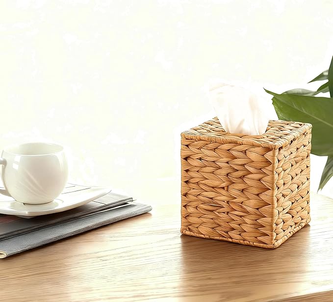 PINXIURY Water Hyacinth Tissue Box Cover, Natural Handmade Wicker Napkin Box Holder and Bathroom Wicker Trash Can, Handwoven Wicker Waste Basket with Handles for Bedroom, Kitchen, Office and Bathroom