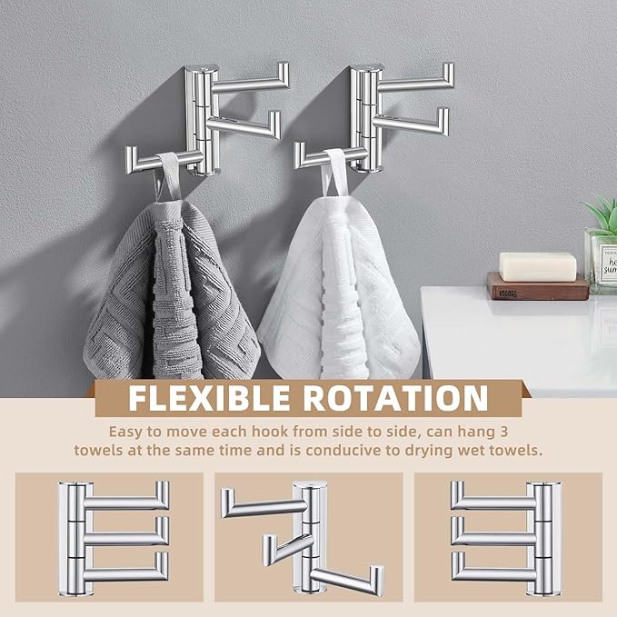 Suyar Swivel Towel Hook Polished Chrome, SUS 304 Stainless Steel Robe Holder for Bathroom with 3 Arms, 2 Pack