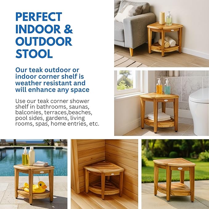 EcoDecors Corner Teak Shower Bench with Shelf – 16” x 18" Height- Teak Shower Stool with Shelf, Waterproof, 350lb Capacity Non-Slip | for Inside Shower | Tool-Free Assembly | Aging in Place
