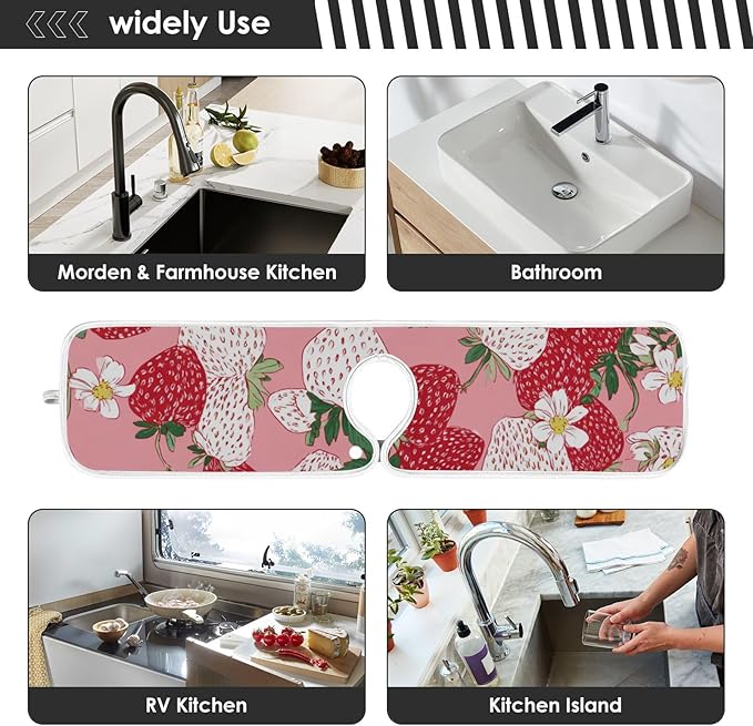 Sink Faucet Absorbing Mat Kitchen Sink Splash Guard Splash Faucet Drip Catcher for Bar RV Bathroom 2PCS 23.6x5.5in Pink White Strawberries Flowers