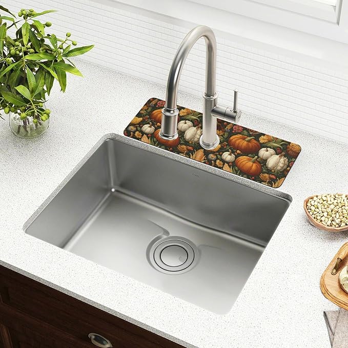 Vintage Pumpkin Flower Mapkle Leaves Fall Kitchen Sink Splash Guard Sink Faucet Mat Faucet Handle Drip Catcher Drain Mats for Kitchen Bathroom Countertop Absorbent Dish Drying Pad 2P