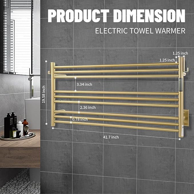 K&KALONZO Towel Warmer for Bathroom, Wall-Mounted 9-Bar Heated Towel Rack with Built-in Timer, Waterproof Electric Towel Heater, Support Plug-in and Hardwired, Brushed Gold, EL13L