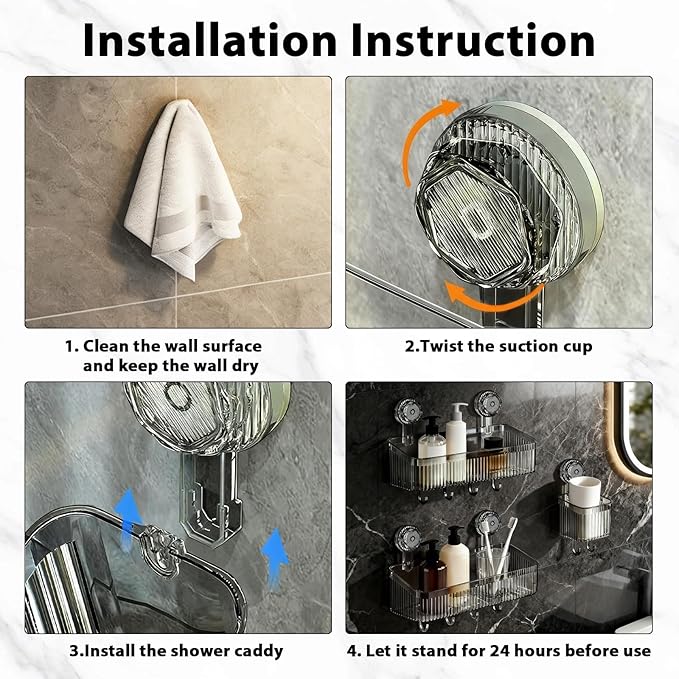 3 Pack Suction Cup Shower Caddy, Black Shower Shelves No Drilling with Movable Hooks & Toothbrush Holder, Wall Storage Shelves for Bathroom, Kitchen