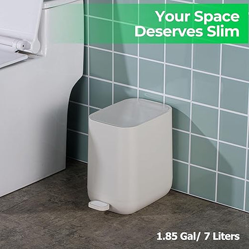 1.85 Gallons 7 Liters Slim Small Kitchen Trash Can with Lid Soft Close Dust Bin Step Pedal Garbage Waste Home Bathroom Office ABS Smooth Washable Cubo de Basura Cocina Ivory
