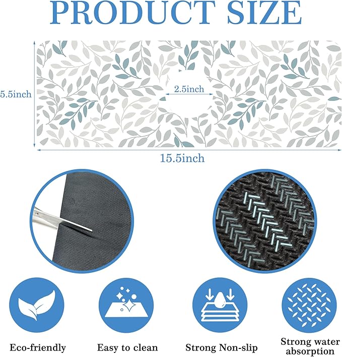 Grey Blue Leave Branche Faucet Mat for Kitchen Sink Botanical Flower, Soft Diatom Mud Material, Strong Water Absorption, Non-slip, Easy to Clean for Bathroom, Kitchen 15"X5.5"
