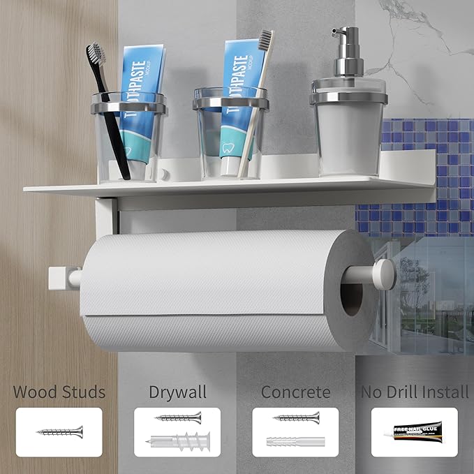 Danpoo White Paper Towel Holder with Shelf Wall Mount, Adhesive Hand Towel Holder for Bathroom, Kitchen Towel Holder