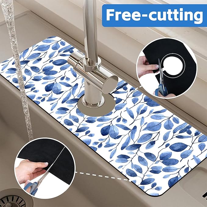 Watercolor Blue Leaves Sink Faucet Absorbing Mat Sink Splash Guard Faucet Mat Draining Mat Fast Drying Sink Protectors for Kitchen and Bathroom 5.5"×15"