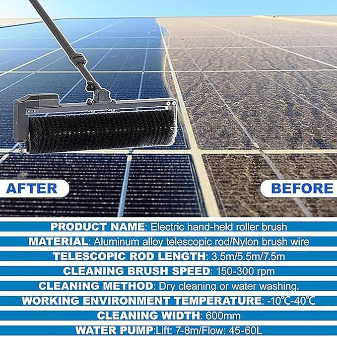 Electric Cleaning Roller Brush, Telescopic Pole for Cleaning PV Panels, Water-fed Cleaning Pole Set with Rotating Brush (60 cm)/Reach Pole(3.5 Meters)