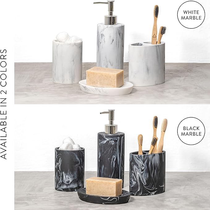ZCCZ Bathroom Accessories Set, 4-Piece Marble Pattern with Soap Dispenser, Toothbrush Holder, Tumbler, and Soap Dish for Modern Bath Décor, Elegant and Durable Design for Home or Office Bathrooms