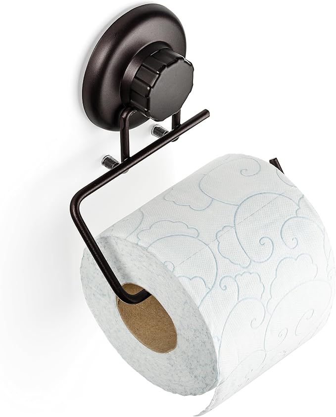 Powerful Vacuum Suction Cup Toilet Paper Holder – Wall Mount No Drilling Bathroom Stainless Steel Tissue Roll Dispenser – Adhesive 3M Stick Disc Included (Bronze)