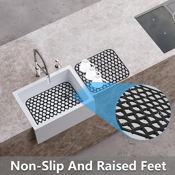 Sink Protectors for Kitchen Sink,2 PCS Silicone Kitchen Mat 13.58"x11.6",Non-Slip Bottom Guard Compatible with Farmhouse/Stainless Steel/Porcelain(Black)