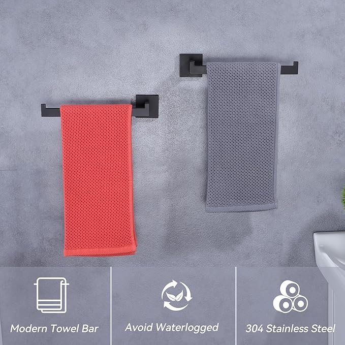 LANC Bathroom Hand Towel Holder 10 Inche Matte Black Hand Towel Bar 2 Pack Left and Right Side Square Towel Ring for Kitchen Toilet Wall Mount Stainless Steel Modern Towel Rack,A8806MB-LRP2