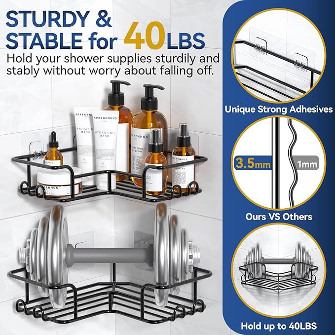 YASONIC Corner Shower Caddy Adhesive with Soap Holder and 12 Hooks, Rustproof corner shower shelves, No Drilling (Bright Black)