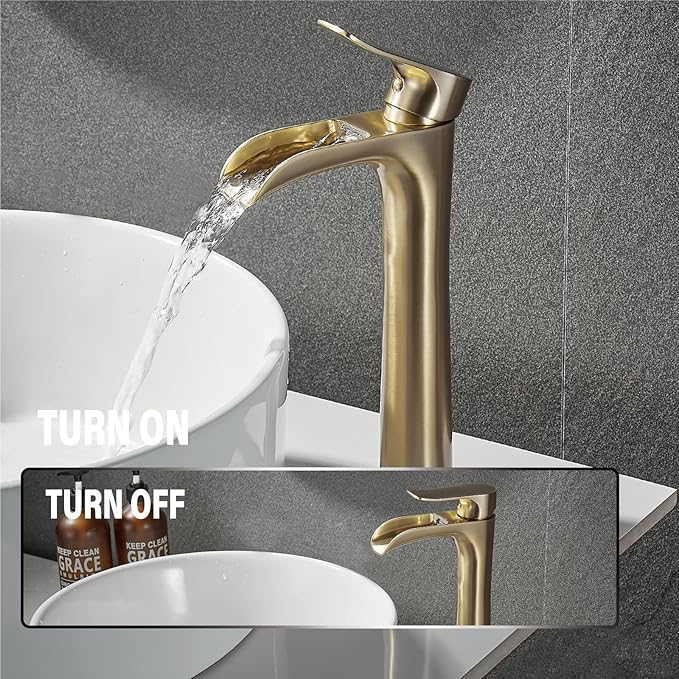 Vessel Sink Faucet,Brushed Gold Bathroom Faucet,Yundoom,Single Hole Bathroom Sink Faucet,Tall Bathroom Faucet Single Handle,Bathroom Bowl Sink Faucet,Waterfall Bathroom Faucet,Bathroom Tall Faucet.