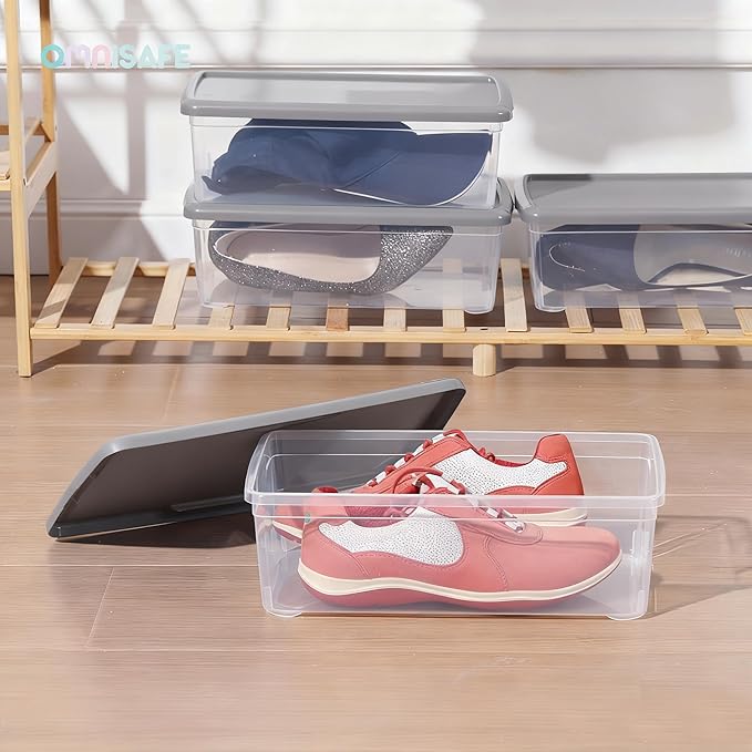 Stackable Plastic Storage Shoebox, BPA-Free Nestable Container with Latching Lid to Organize Shoes, See-Through Box for Home and Office, Multi-Purpose Clear Bins (Grey, 12 Pack)