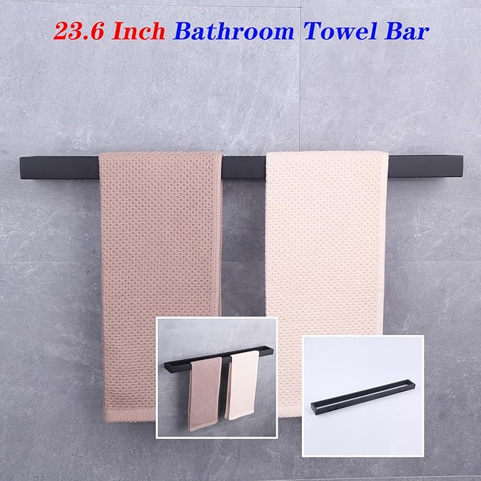 GERZWY 24-Inch Bathroom Towel Bar Stainless Steel Bath Towel Rack Contemporary Style Wall Mount Matte Black HG1701(60)-BK