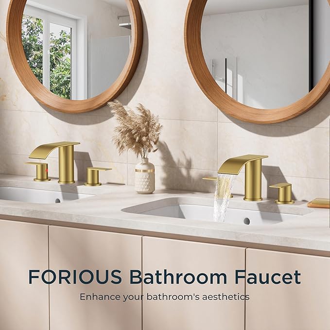 FORIOUS Upgrade Brushed Gold Bathroom Faucets 3 Hole, 8 Inch Widespread Waterfall Bathroom Sink Faucet Two Handle with CUPC Hose and Metal Pop-up Drain for Lavatory, Farmhouse, Rv Remodel